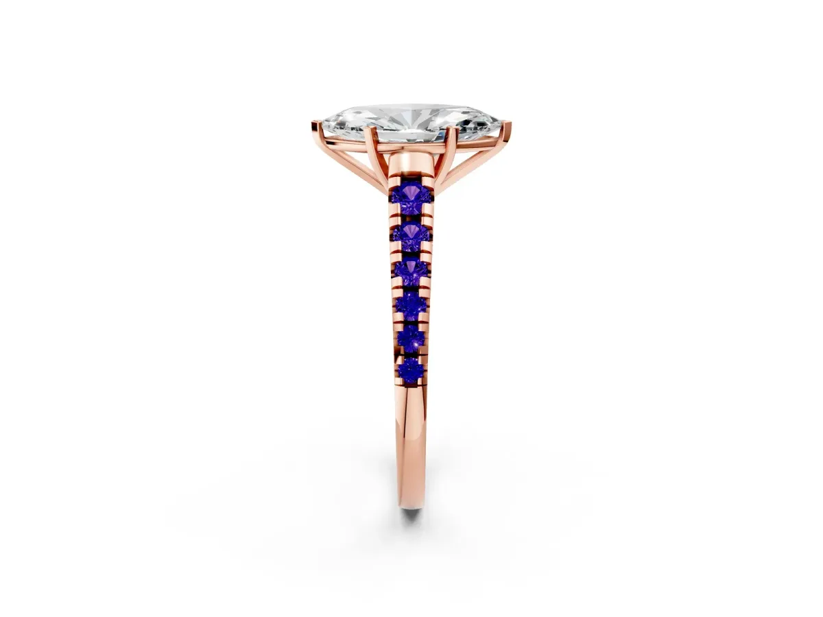 Marquise Cut Diamond Cathedral Solitaire Ring with Round Tanzanite Pavé Band Rose gold