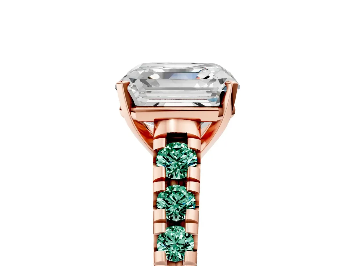 Asscher Cut Diamond Cathedral Solitaire Ring with Round Green Sapphire Pavé Band Rose gold