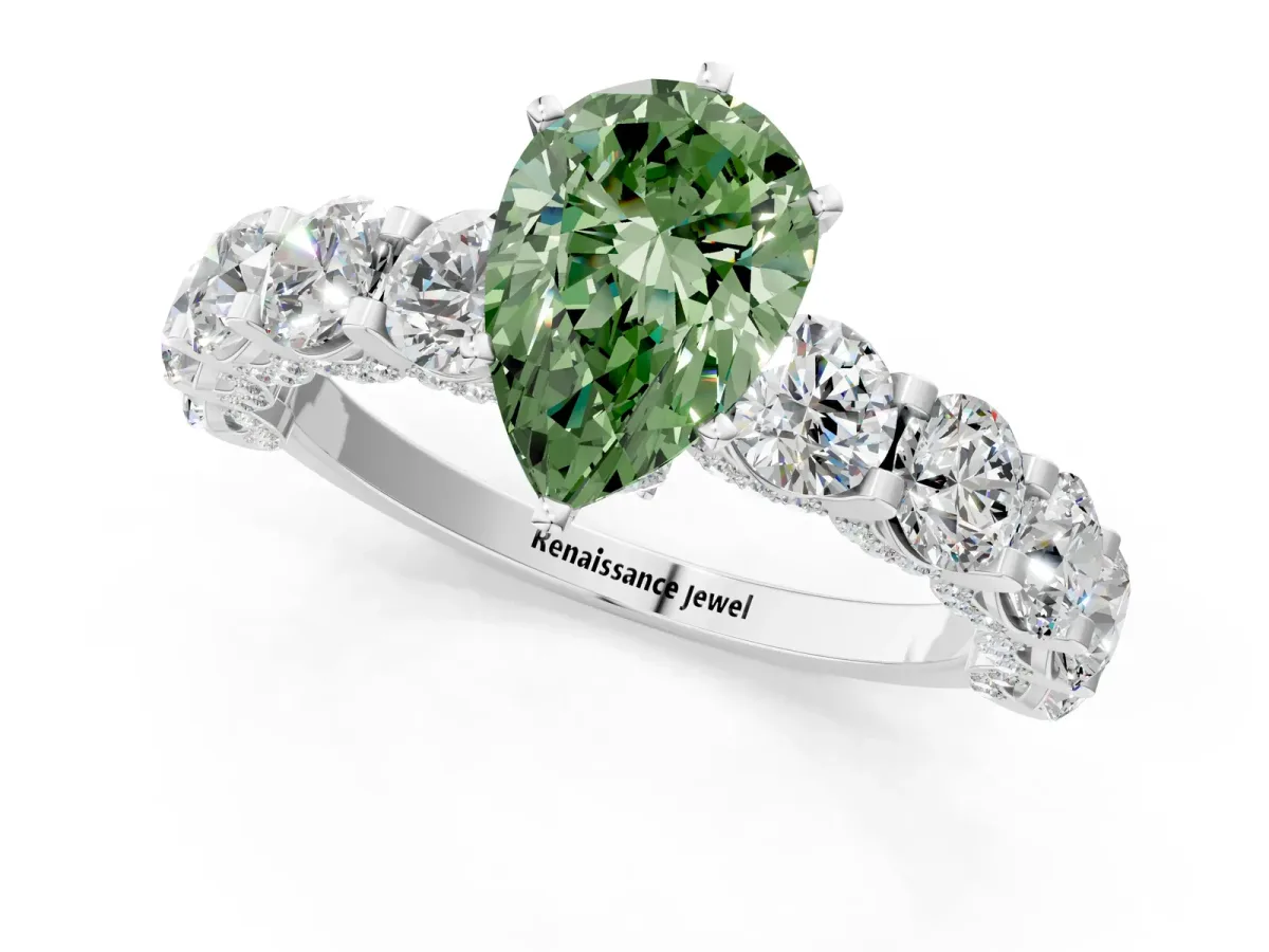 Fancy Green Pear Cut Diamond Side Stone Engagement Ring with Four-Prong Setting White gold