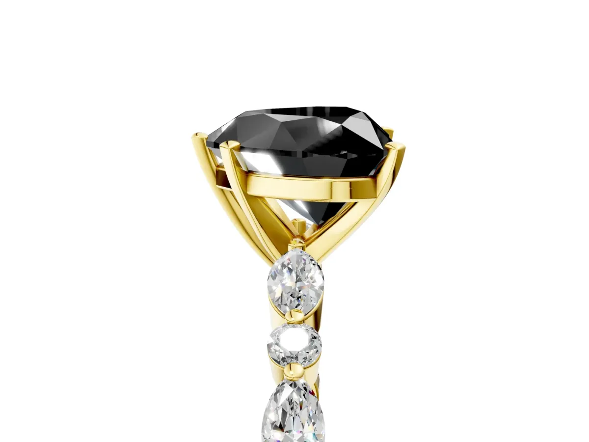 Fancy Black Heart Cut Diamond Ring with Marquise and Round Side Stones and Four-Prong Setting Yellow gold