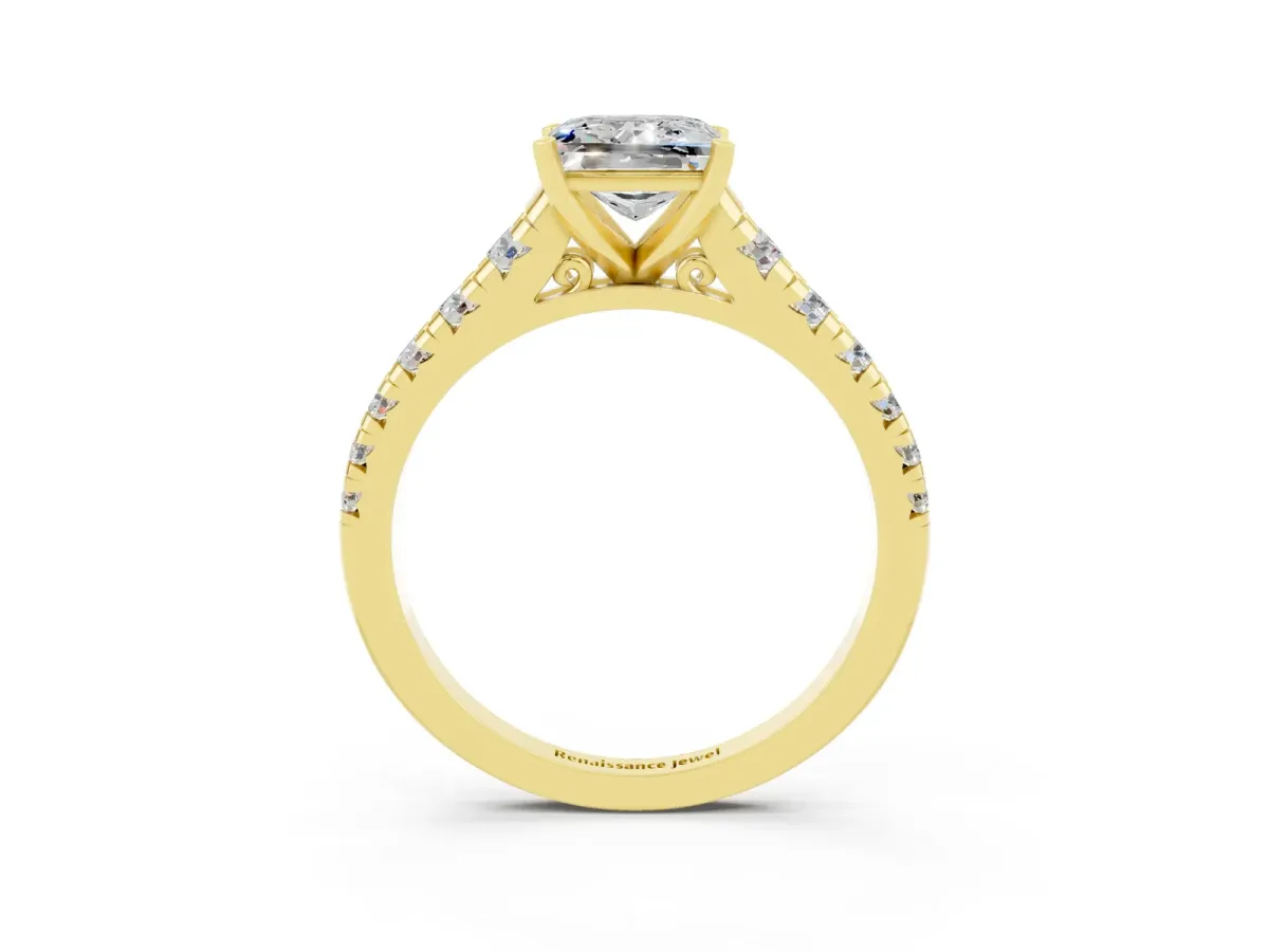 Princess Cut Moissanite Cathedral Solitaire Ring with Round Pavé Band Yellow gold