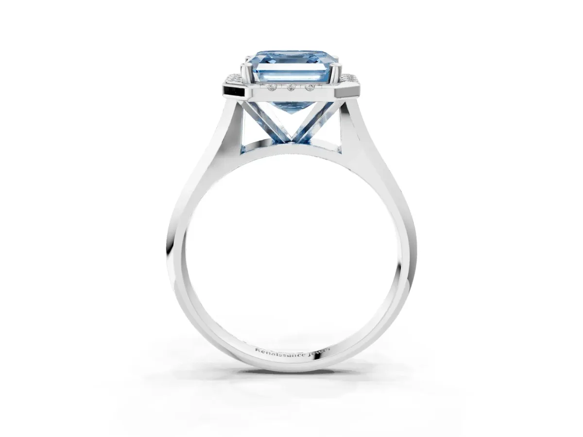 Fancy Blue Asscher Cut Cut Halo Solitaire Engagement Ring with Square Band and Four-Prong Setting White gold