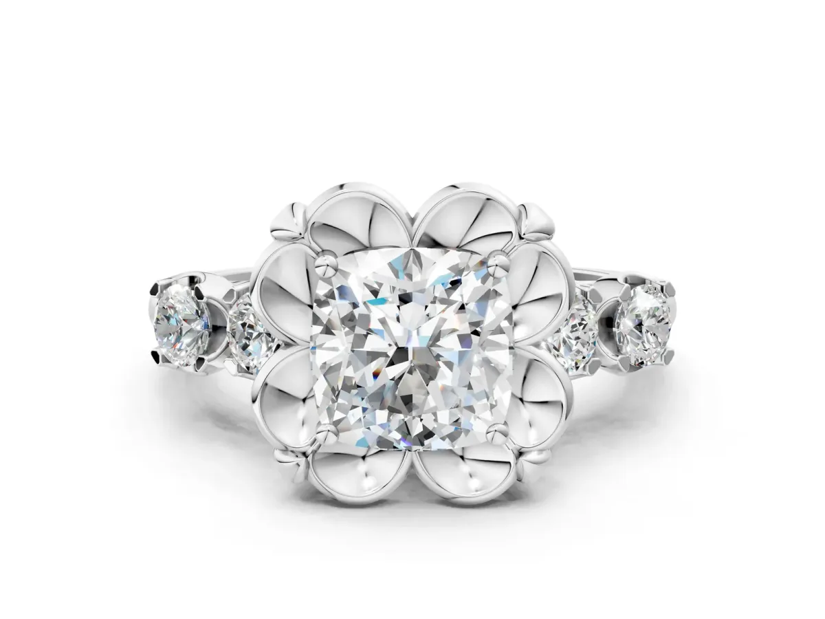 Cushion Cut Cut Diamond Floral Halo Engagement Ring with Shared Prong Setting Silver