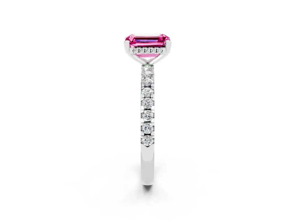 Emerald Cut Pink Sapphire Solitaire Ring with Round Pavé Band and Four-Prong Setting White gold