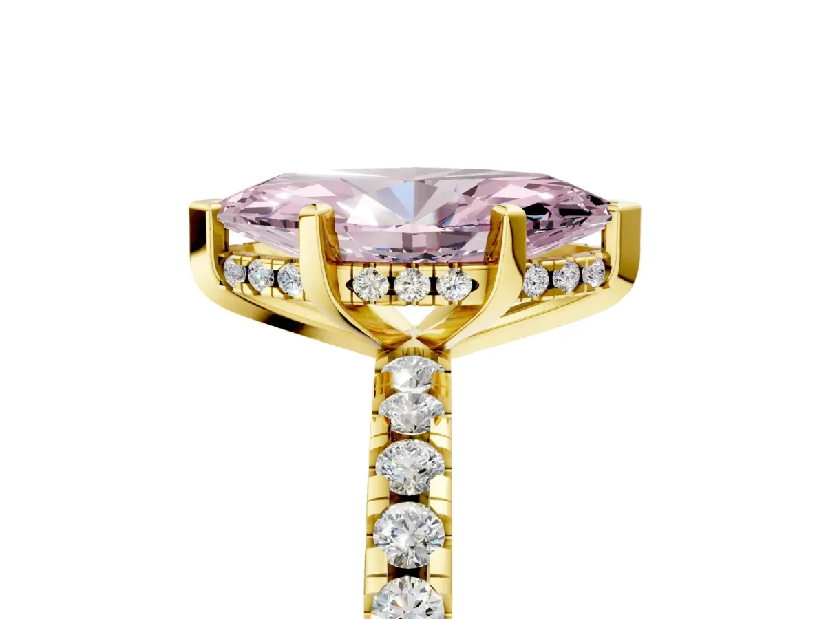 Fancy Pink Marquise Cut Diamond Solitaire Ring with Round Pavé Band and Four-Prong Setting Yellow gold