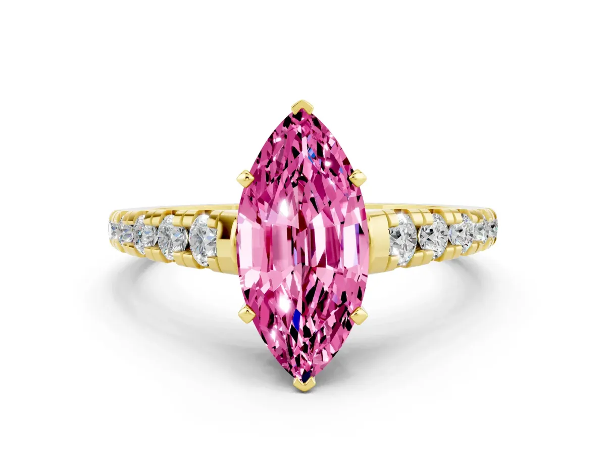 Marquise Cut Pink Sapphire Cathedral Solitaire Ring with Round Pavé Band Yellow gold