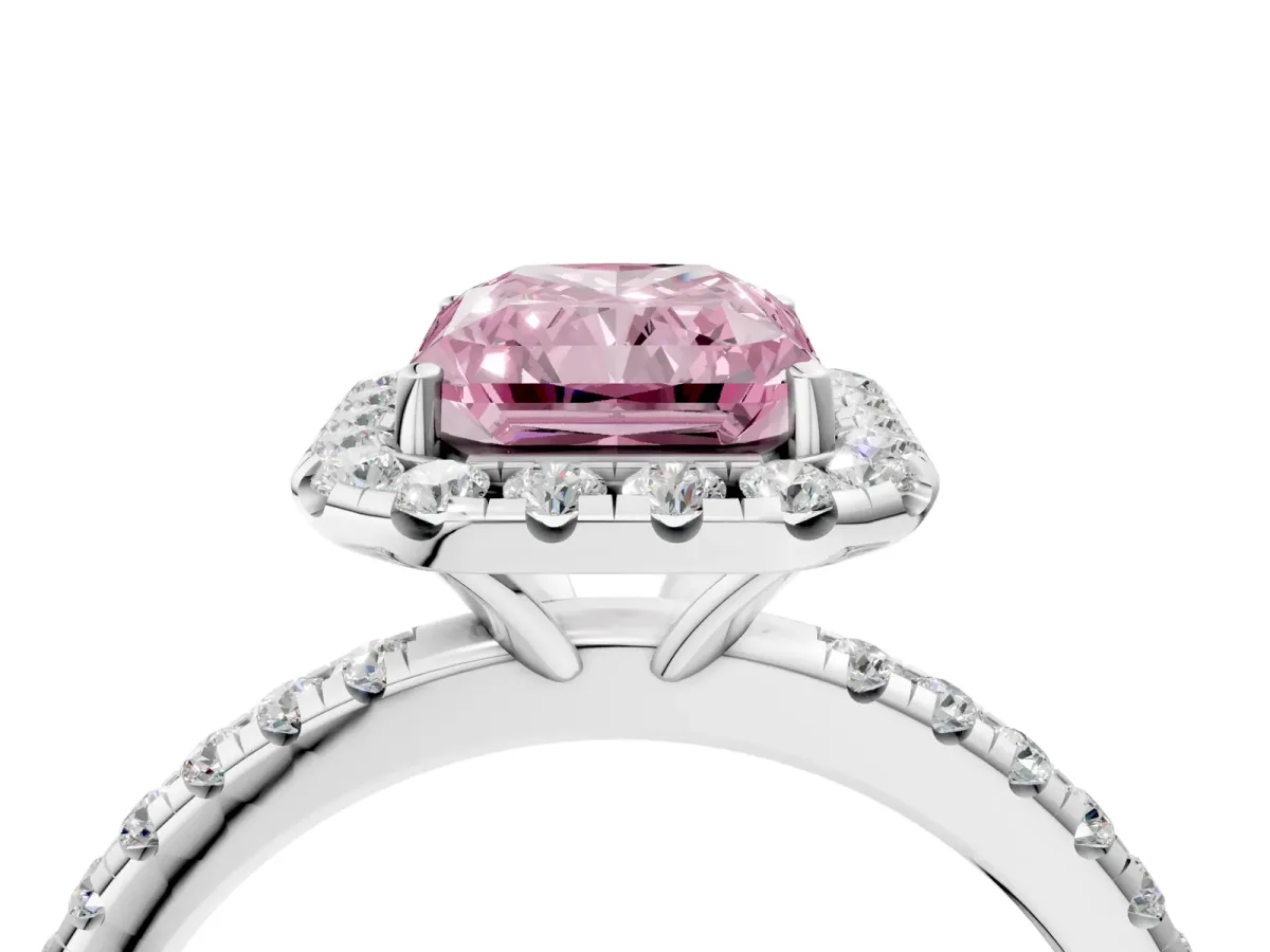 Fancy Pink Radiant Cut Diamond Halo Engagement Ring with Round Pavé Band and Prong Setting Platinum