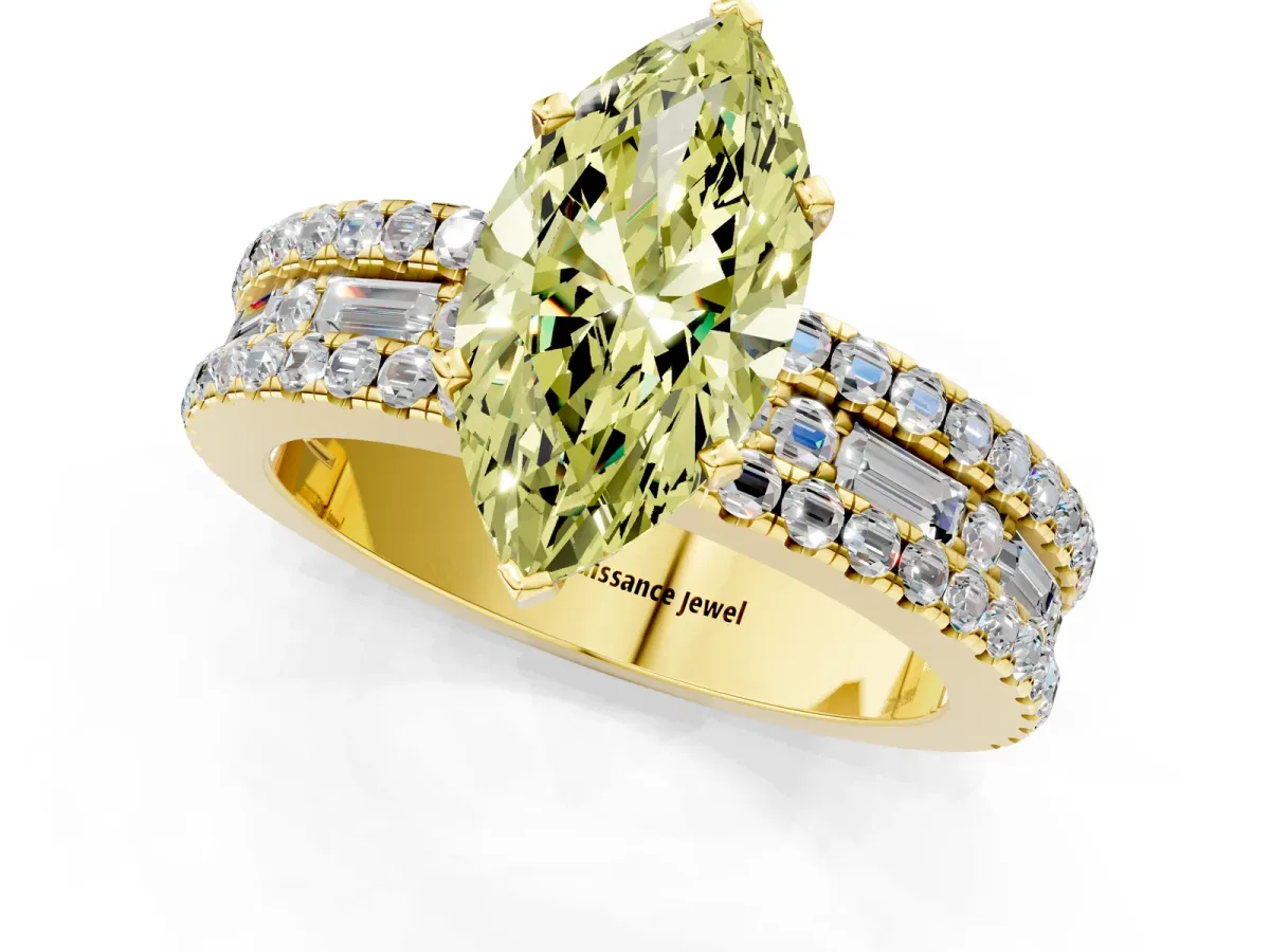 Fancy Yellow Marquise Cut Diamond Solitaire Ring with Pavé and Channel Set Band Yellow gold