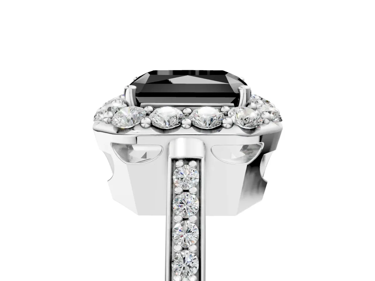 Fancy Black Radiant Cut Diamond Floral Halo Ring with Pavé Band and Prong Setting Platinum