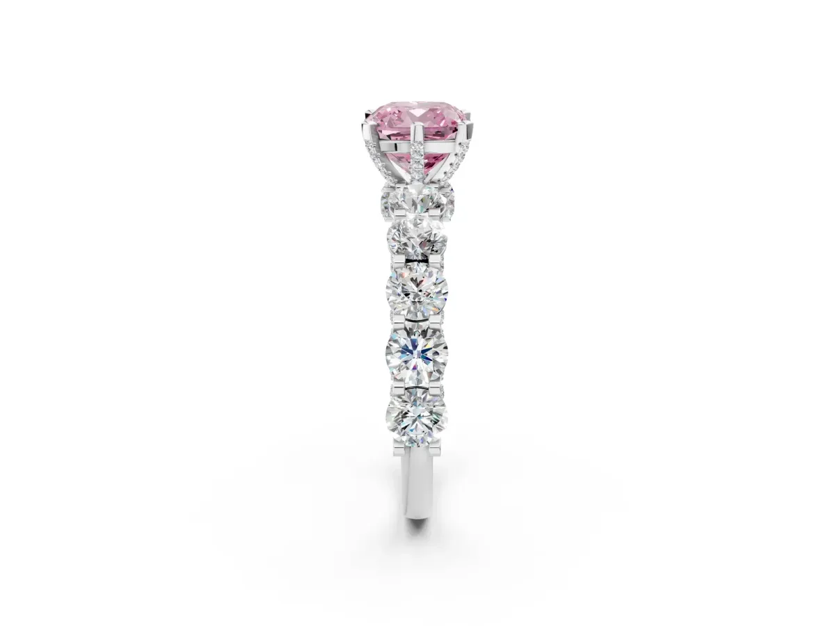 Fancy Pink Cushion Cut Diamond Side Stone Engagement Ring with Four-Prong Setting Silver