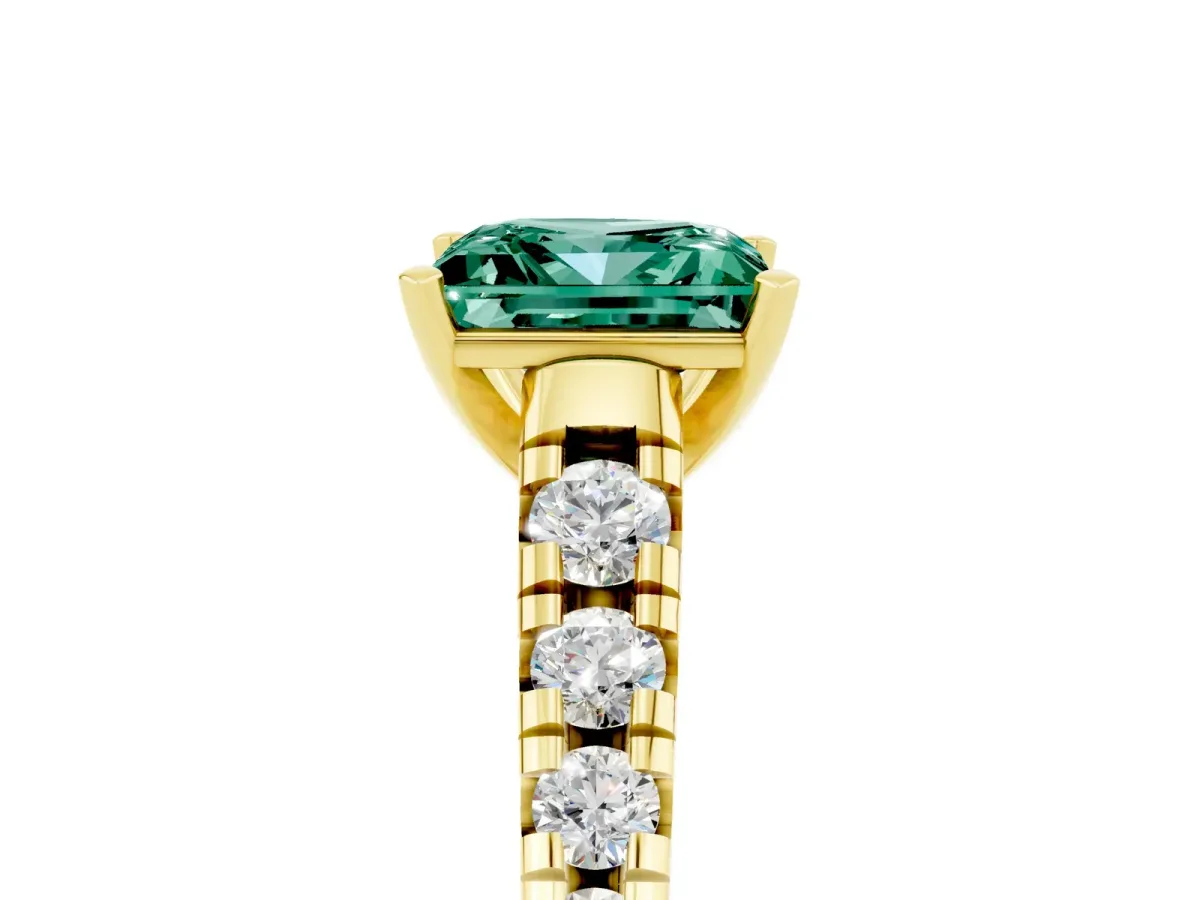 Princess Cut Green Sapphire Cathedral Solitaire Ring with Round Pavé Band Yellow gold