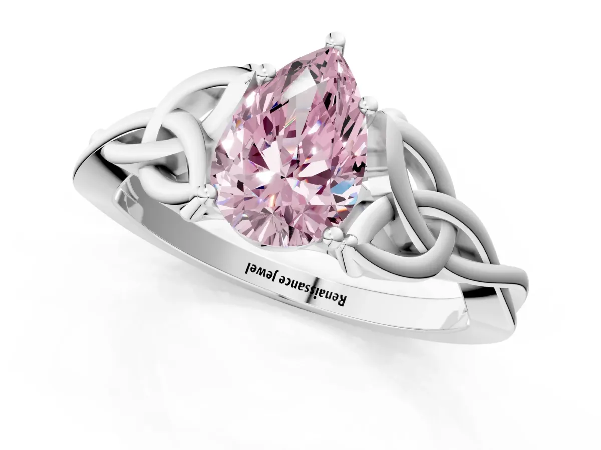 Fancy Pink Pear Cut Diamond Solitaire Celtic Knot Ring with Four-Prong Setting White gold
