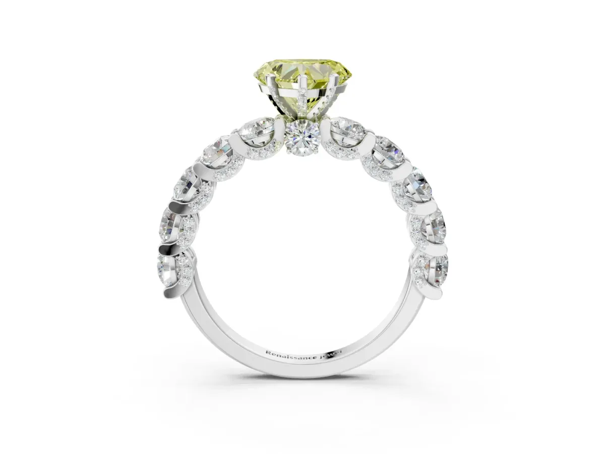 Fancy Yellow Heart Cut Diamond Side Stone Engagement Ring with Four-Prong Setting Platinum