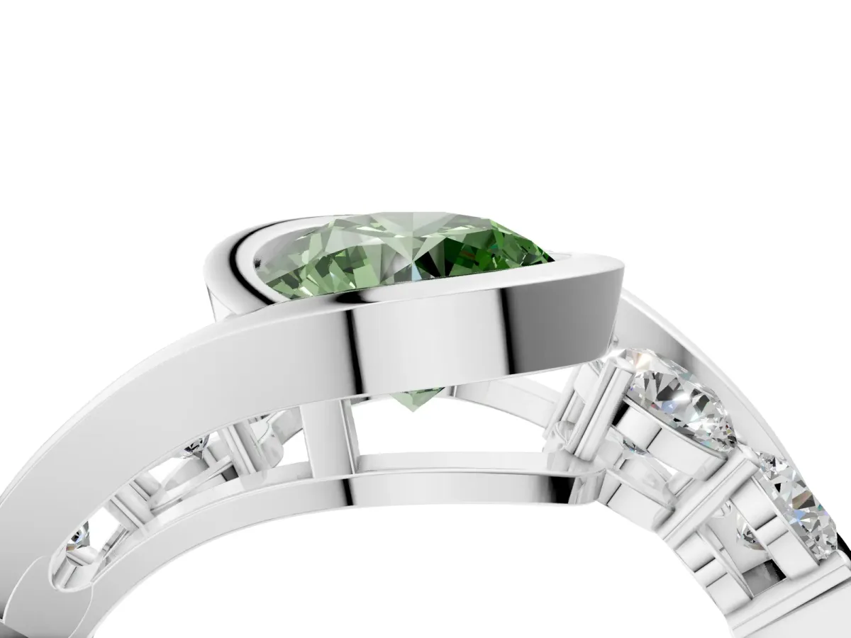 Fancy Green Bezel Set Round Cut Diamond Bypass Ring with Round Accents Platinum