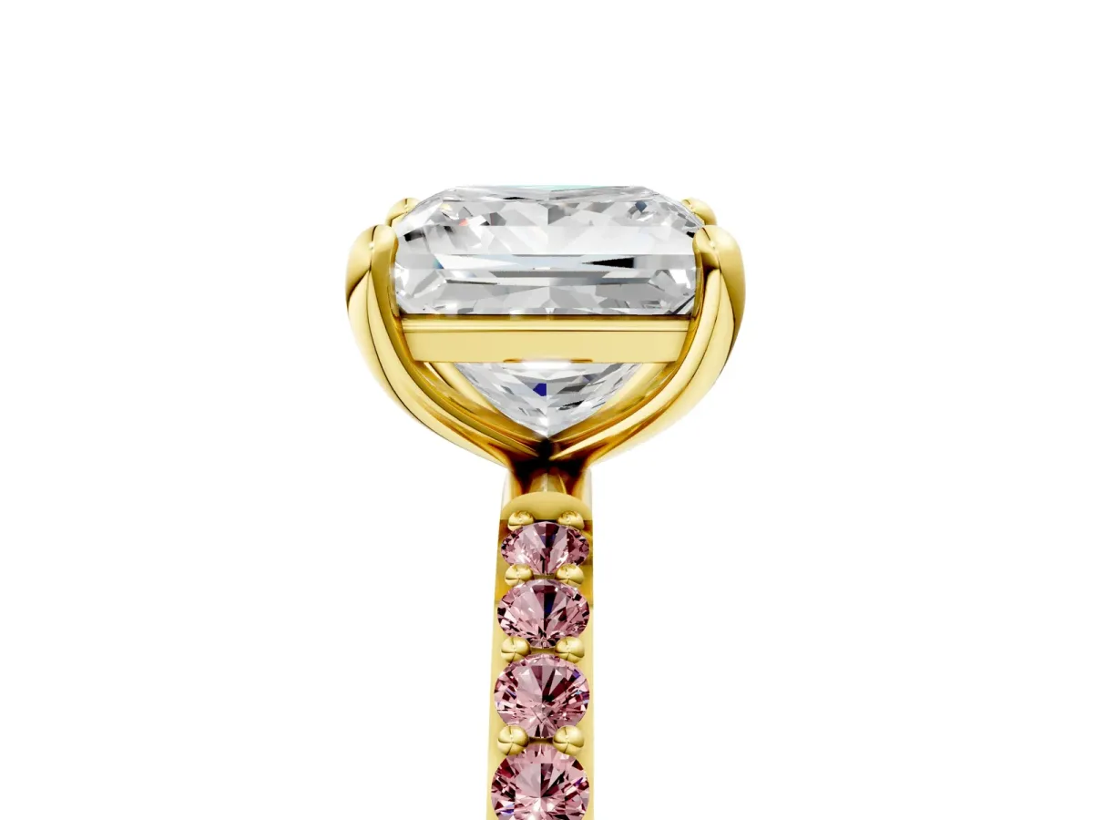 Princess Cut Diamond Solitaire Ring with Round Morganite Pavé Band and Prong Setting Yellow gold