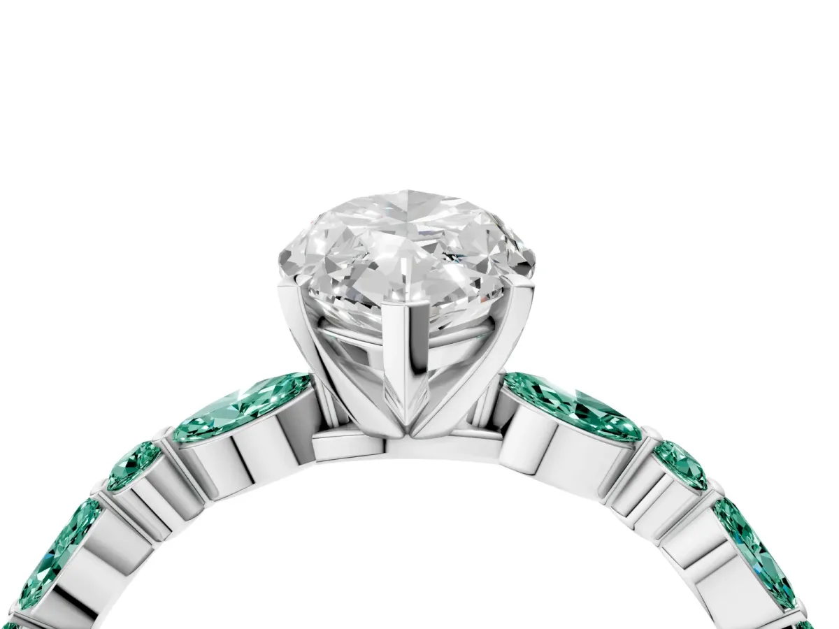 Marquise Cut Diamond Ring with Marquise and Round Green Sapphire Side Stones and Four-Prong Setting Platinum