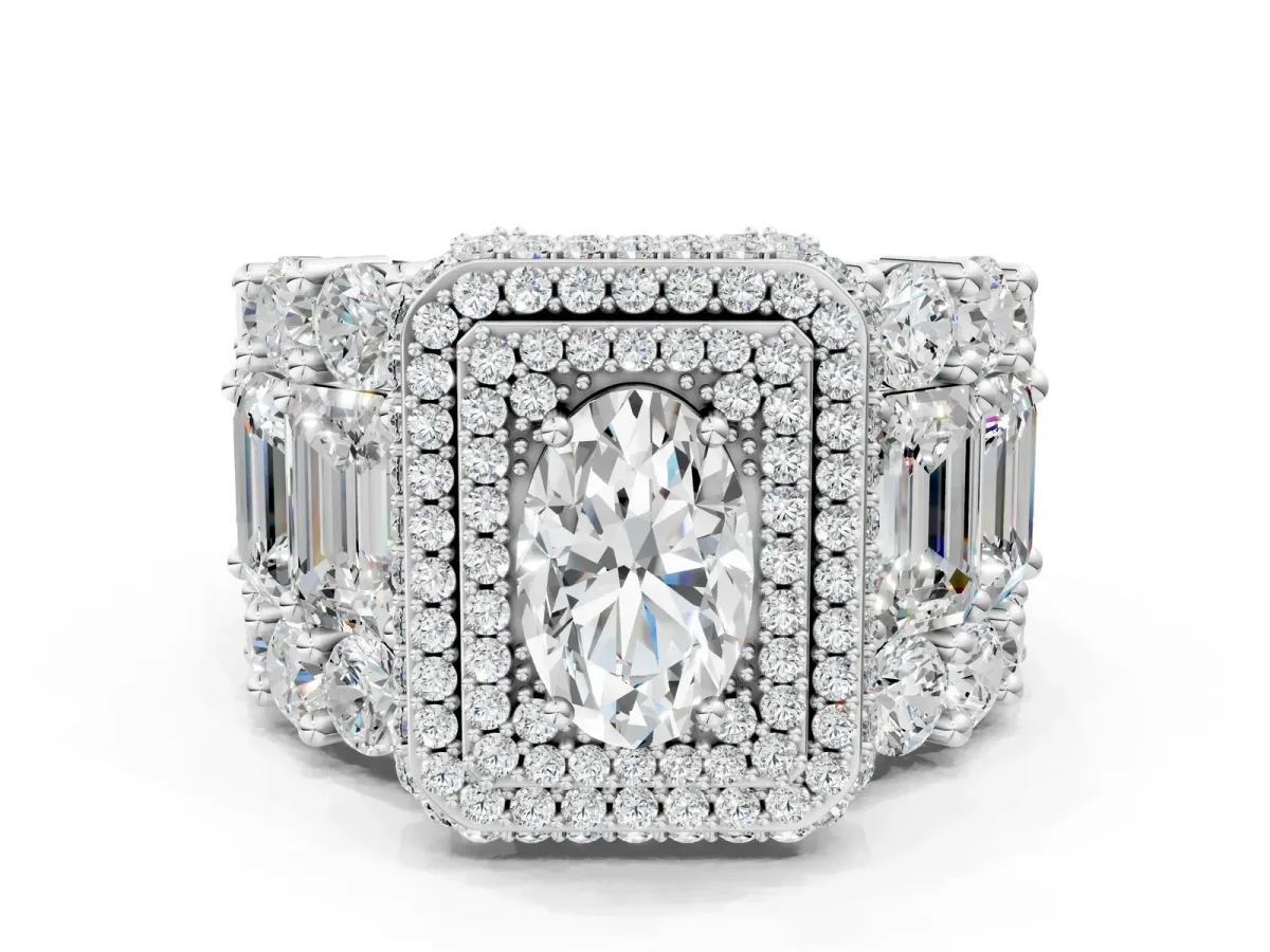 Oval Diamond Halo Mens Ring with Baguette Side Stones White gold