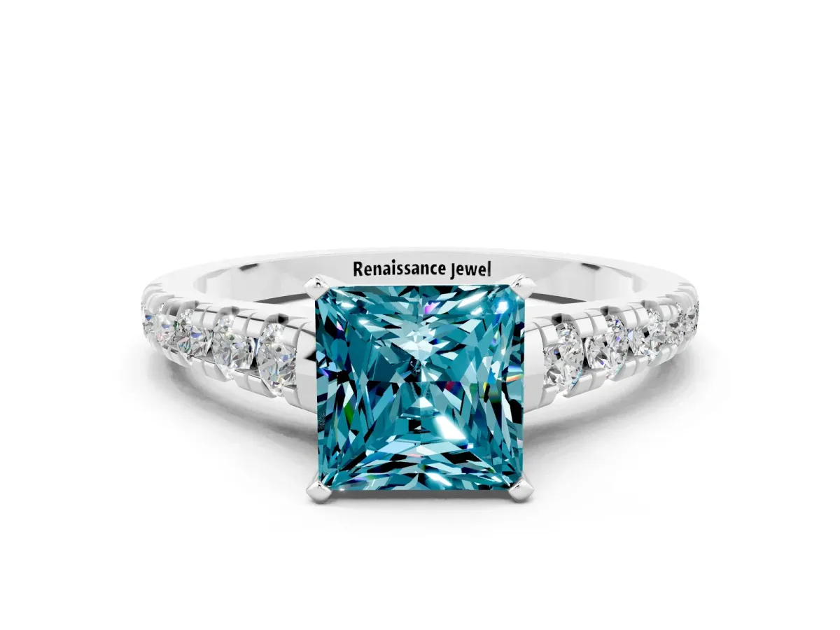Princess Cut Blue Topaz Cathedral Solitaire Ring with Round Pavé Band Platinum