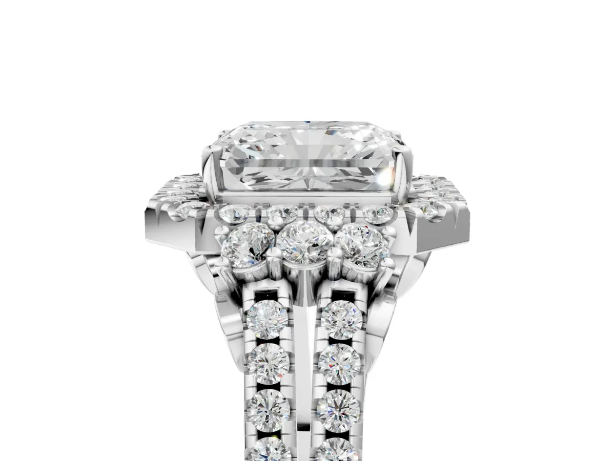 Radiant Cut Cut Double Halo Diamond Engagement Ring with Pave Band and Four-Prong Setting Platinum