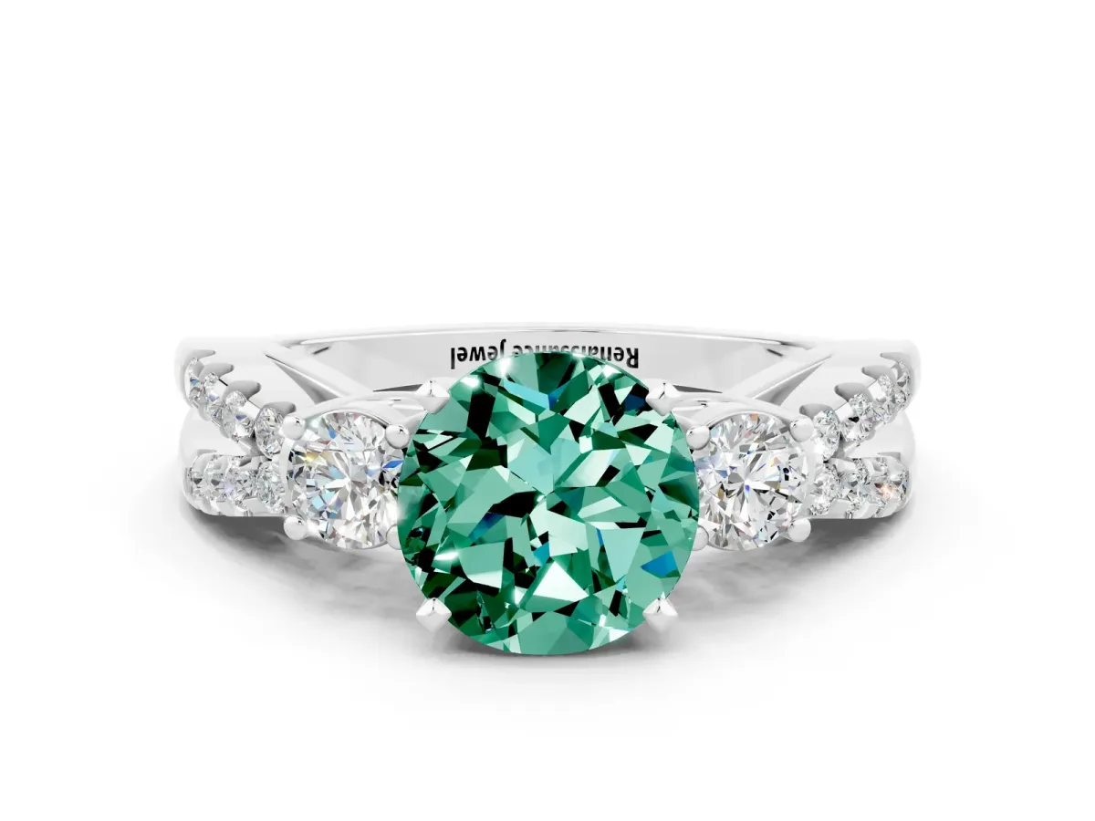 Round Cut Green Sapphire Three-Stone Ring with Pavé Split Shank and Four-Prong Setting Silver