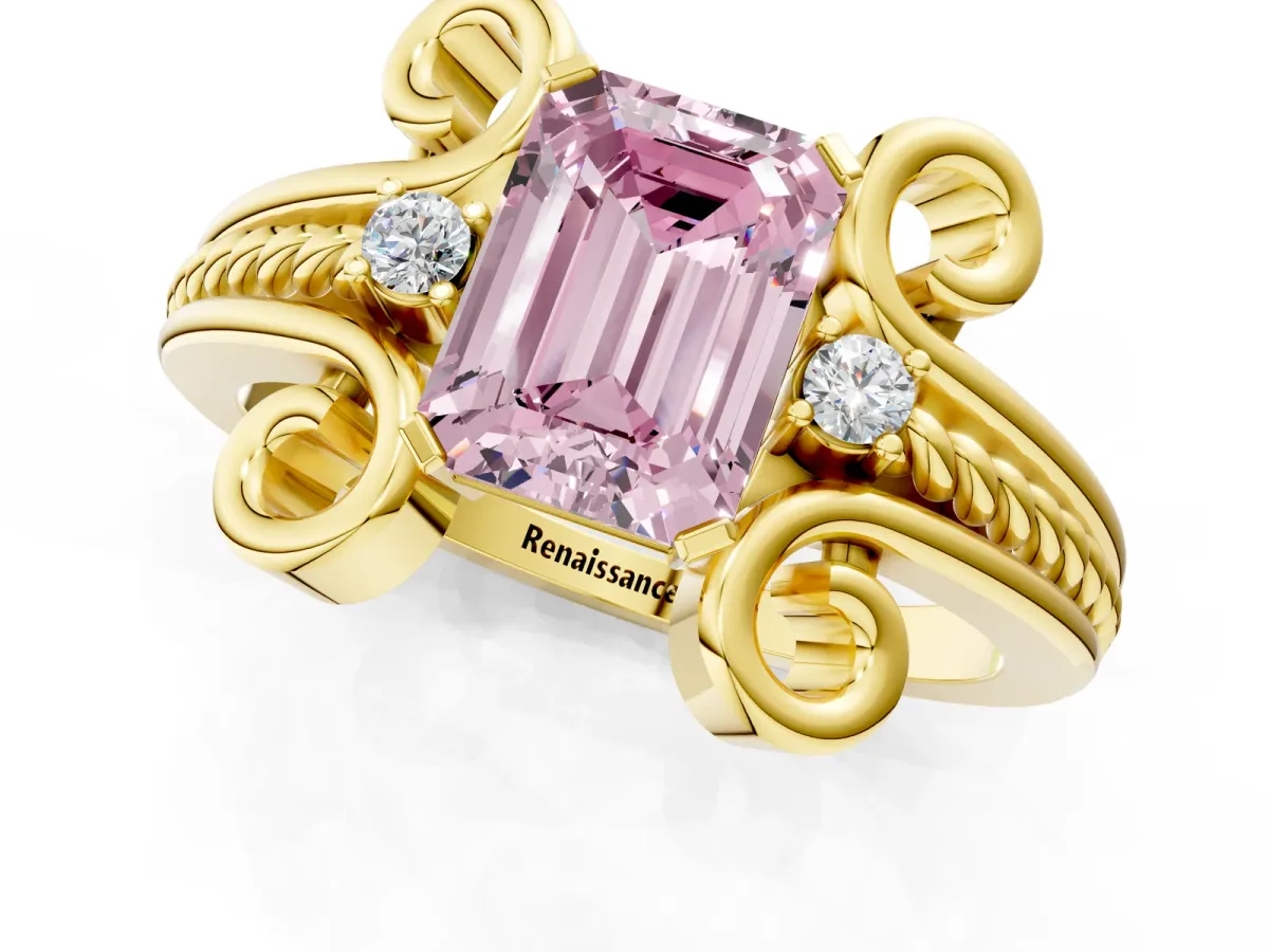 Fancy Pink Emerald Cut Solitaire Twisted Band Scroll Prong Ring Yellow gold