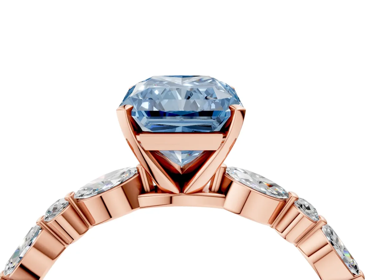 Fancy Blue Radiant Cut Diamond Ring with Marquise and Round Side Stones and Four-Prong Setting Rose gold