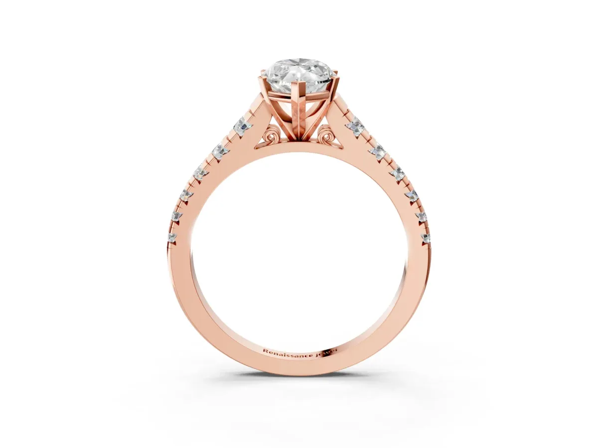 Marquise Cut Diamond Cathedral Solitaire Ring with Round Moissanite Pavé Band Rose gold