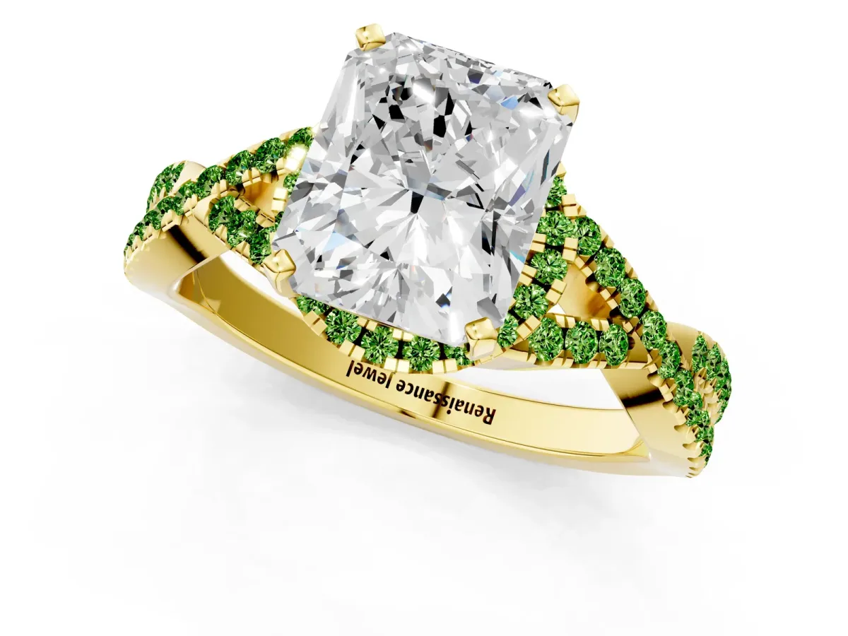 Radiant Cut Diamond Peridot Halo Twist Band Solitaire Prong Setting Ring Yellow gold