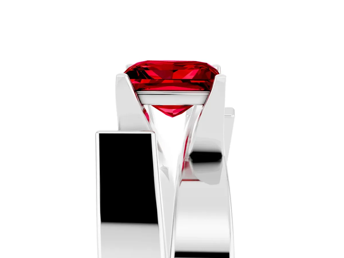Modern Tension Set Princess Cut Ruby Solitaire Wide Band Ring Silver
