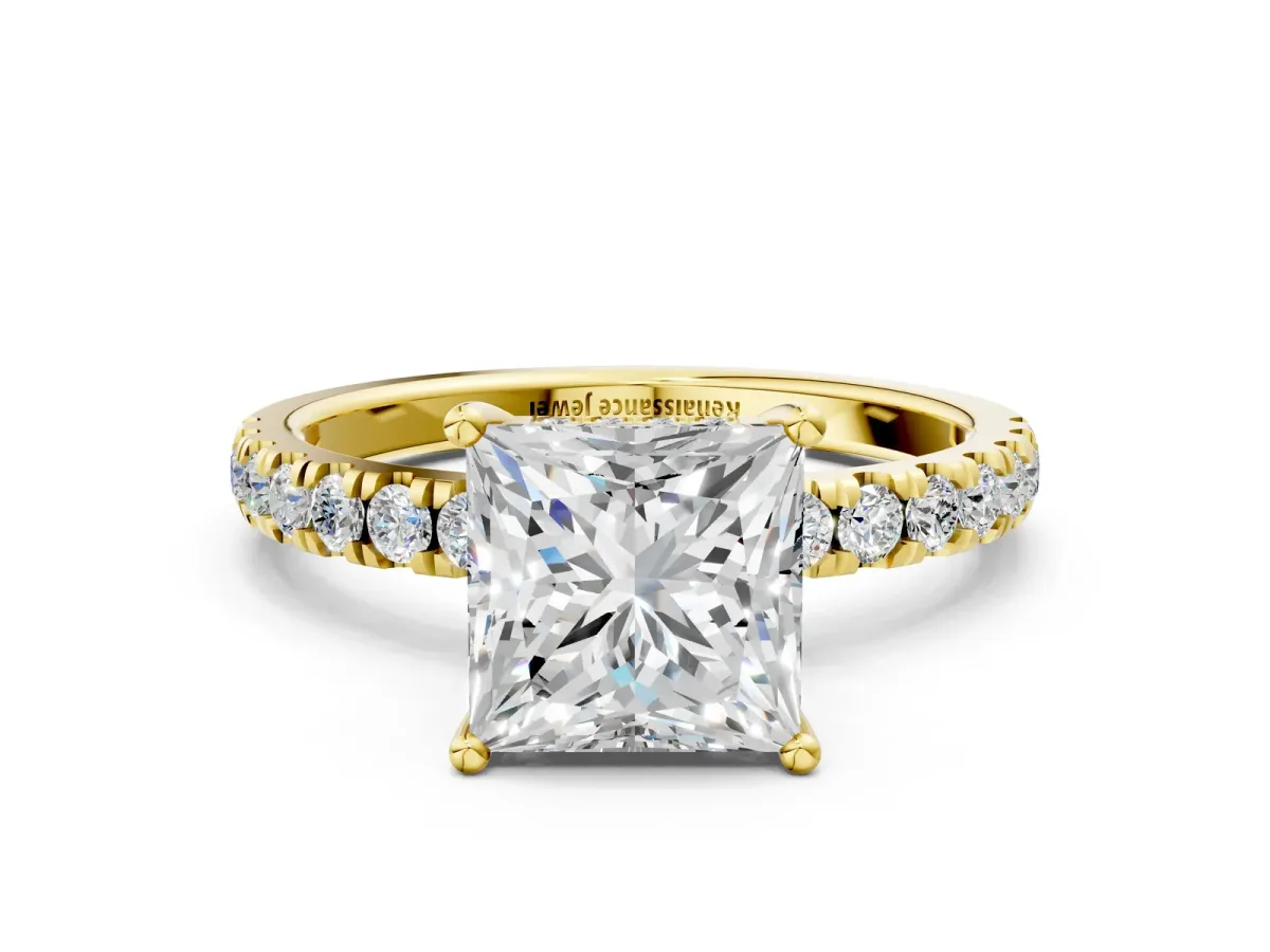 Princess Cut Diamond Pave Band Solitaire Ring with Round Moissanite and Prong Setting Yellow gold