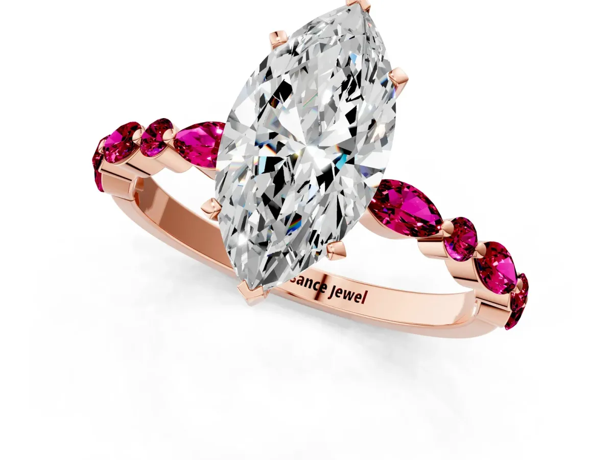 Marquise Cut Diamond Ring with Marquise and Round Garnet Side Stones and Four-Prong Setting Rose gold