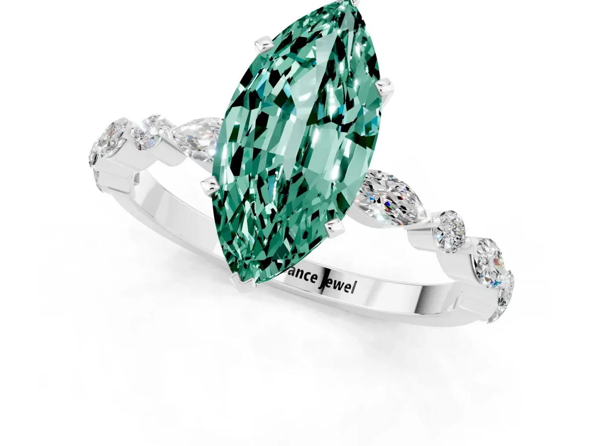 Marquise Cut Green Sapphire Ring with Marquise and Round Side Stones and Four-Prong Setting White gold