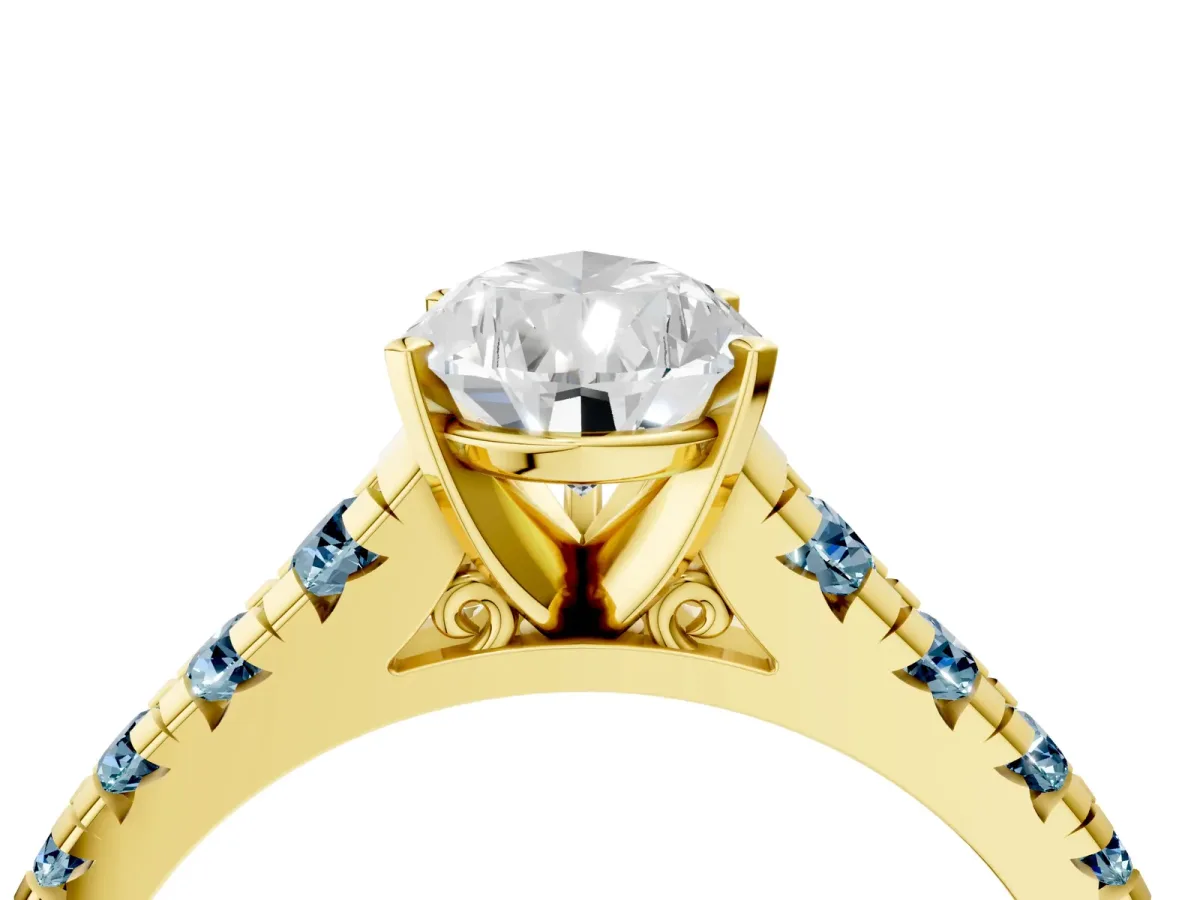 Pear Cut Diamond Cathedral Solitaire Ring with Round Aquamarine Pavé Band Yellow gold