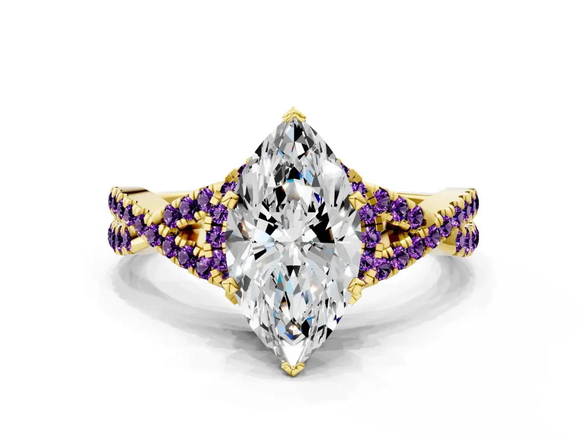 Marquise Cut Diamond Amethyst Halo Twist Band Solitaire Prong Setting Ring Yellow gold