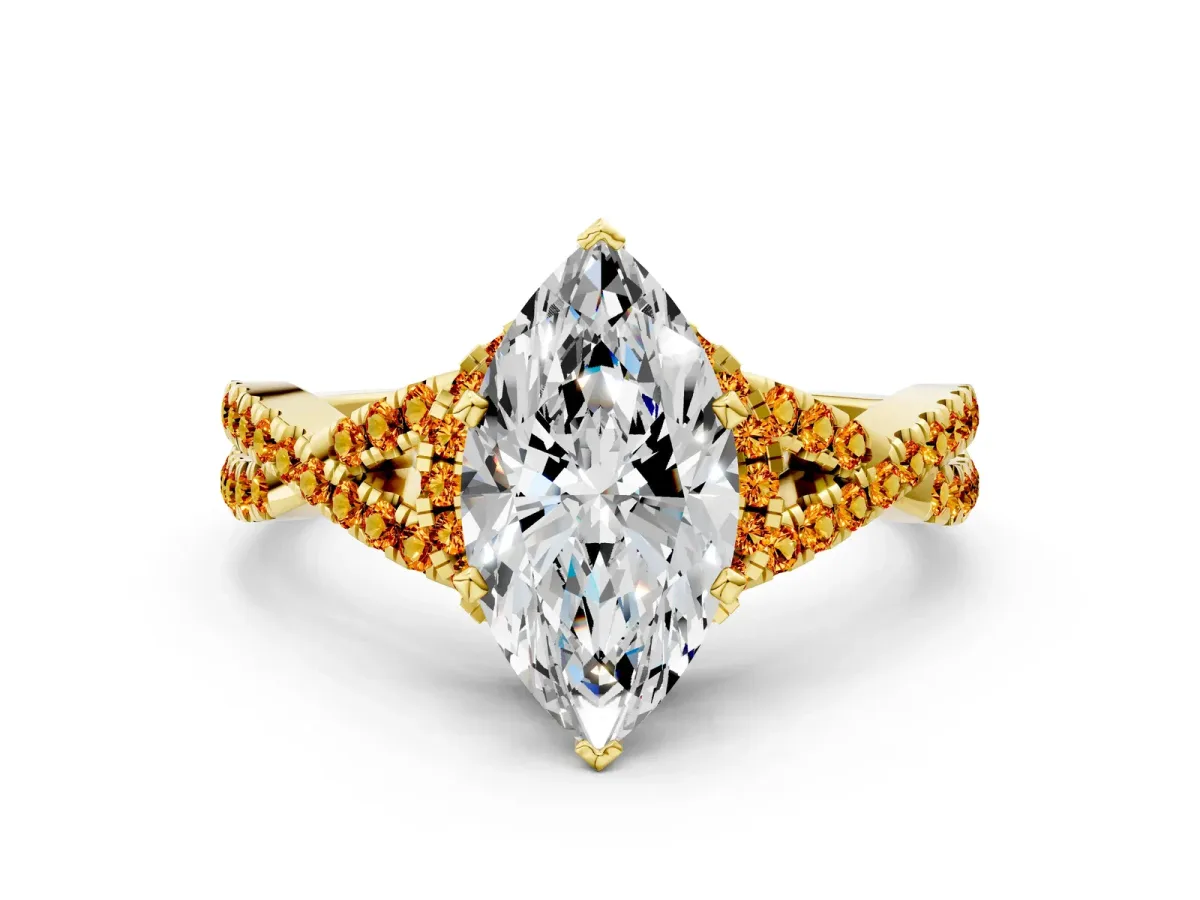 Marquise Cut Diamond Citrine Halo Twist Band Solitaire Prong Setting Ring Yellow gold