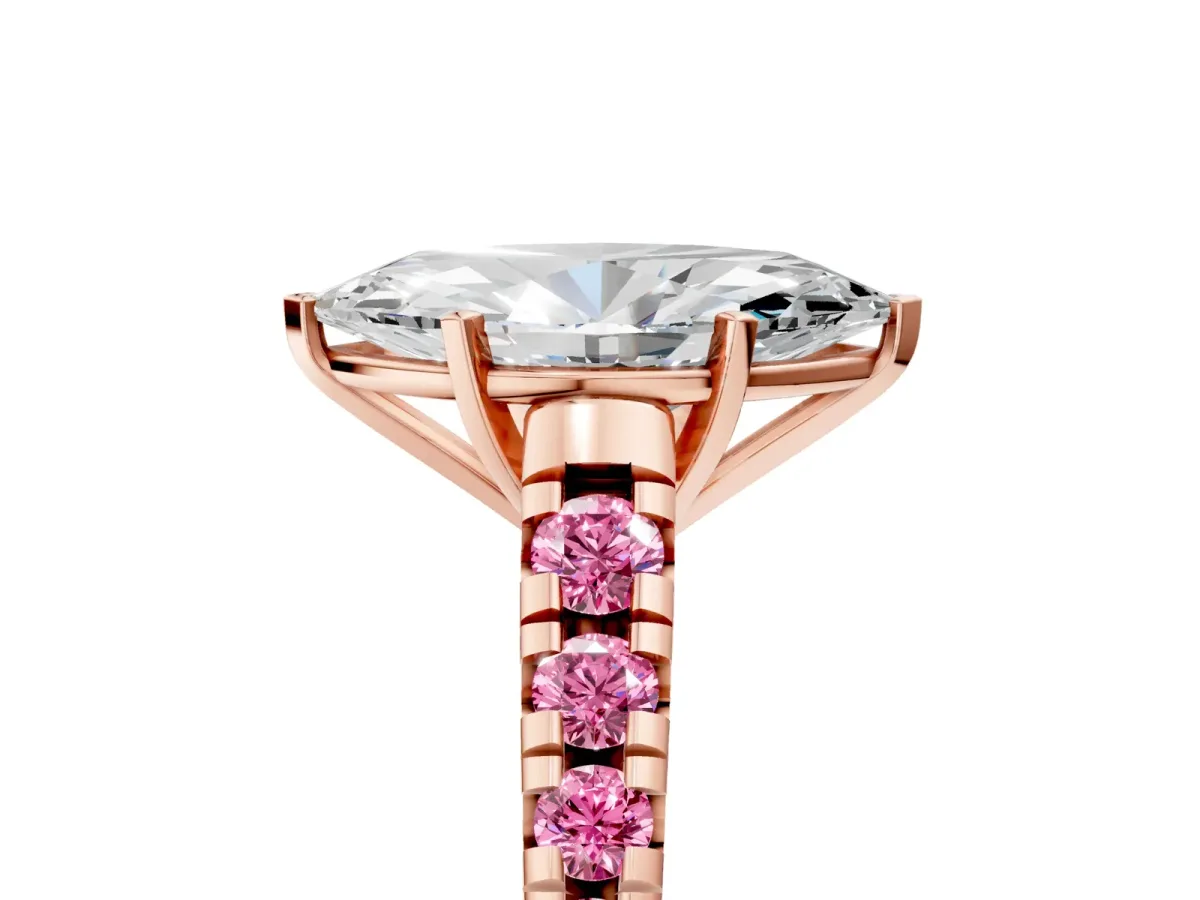 Marquise Cut Diamond Cathedral Solitaire Ring with Round Pink Sapphire Pavé Band Rose gold