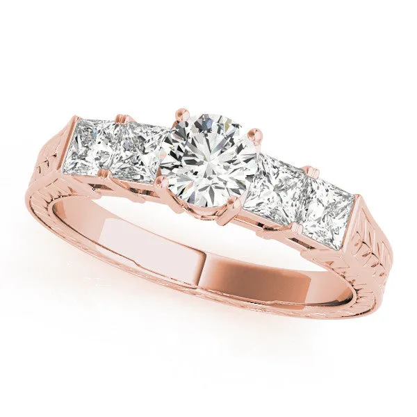 Emerald Cut Solitaire Princess Side Stone Engraved Band Prong Setting Ring Rose gold
