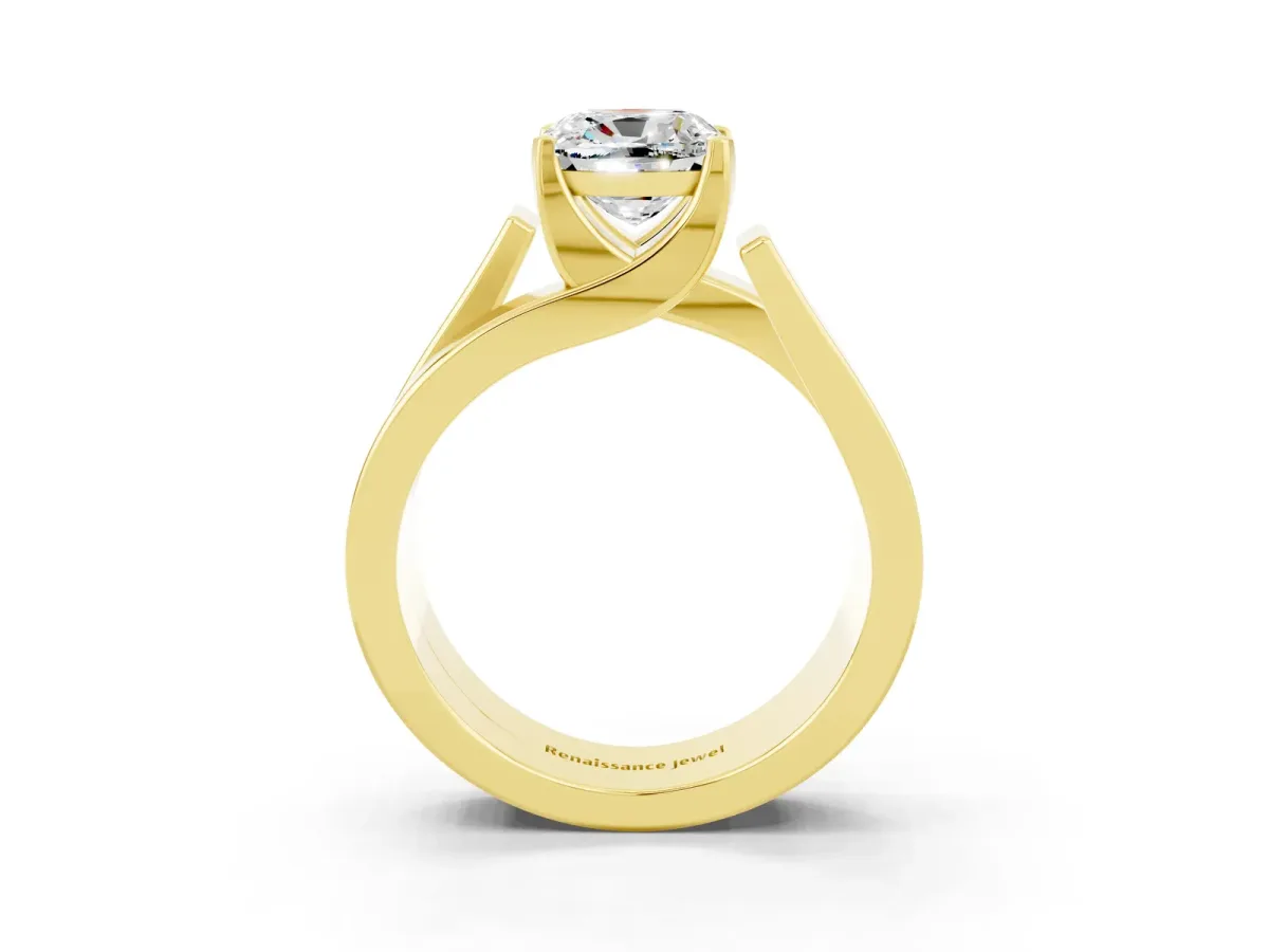 Modern Tension Set Cushion Cut Moissanite Solitaire Wide Band Ring Yellow gold