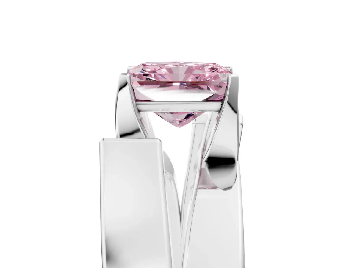 Fancy Pink Modern Tension Set Radiant Cut Diamond Solitaire Wide Band Ring Silver