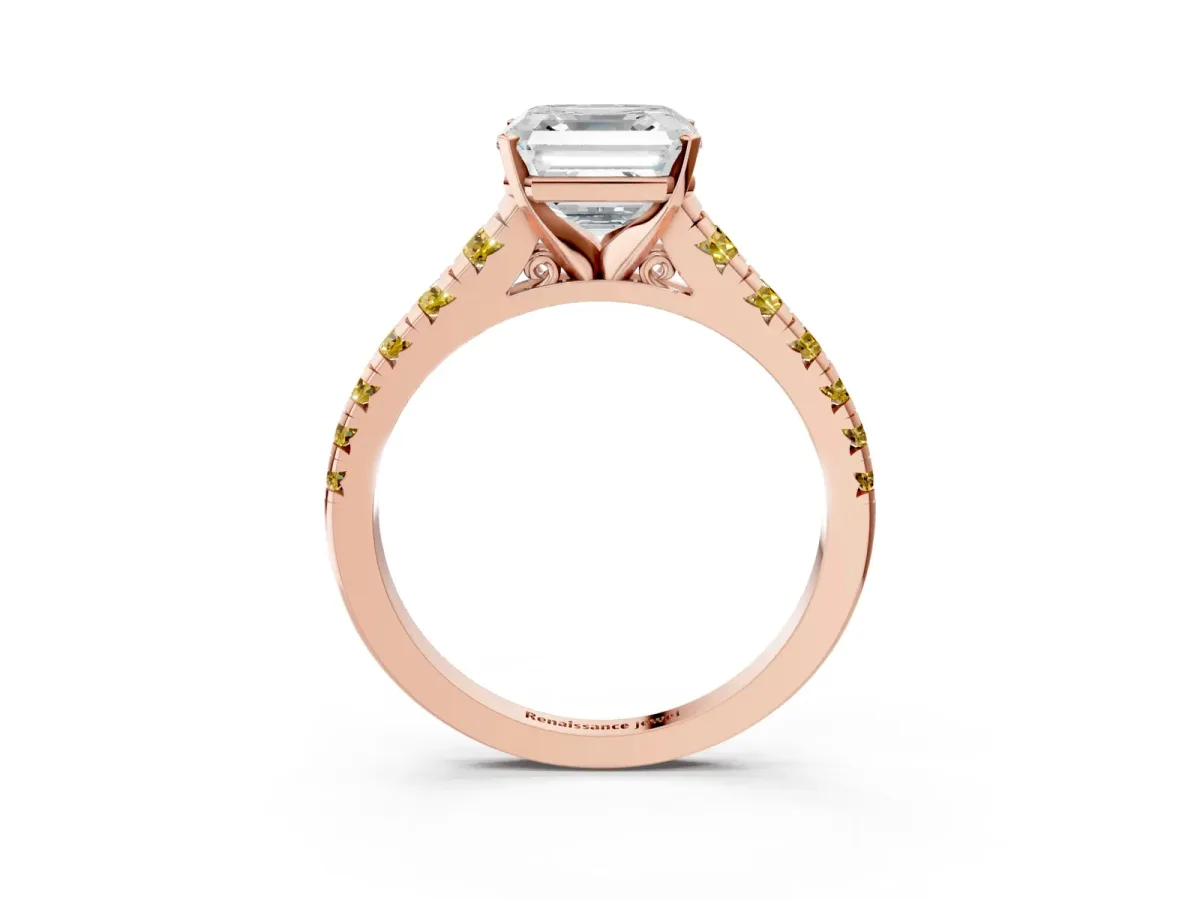 Asscher Cut Diamond Cathedral Solitaire Ring with Round Yellow Sapphire Pavé Band Rose gold