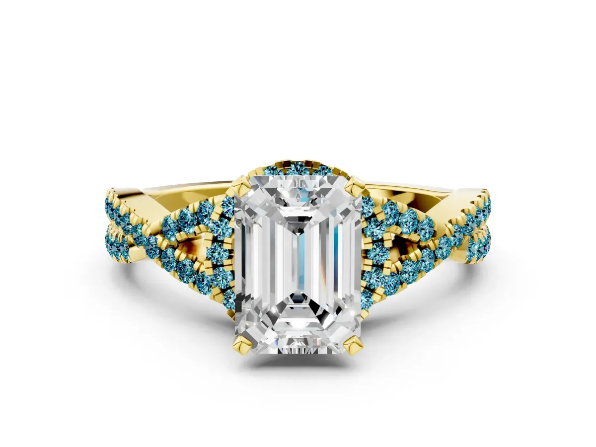 Emerald Cut Diamond Blue Topaz Halo Twist Band Solitaire Prong Setting Ring Yellow gold