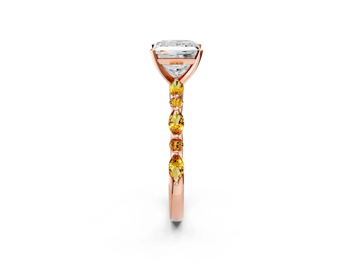 Princess Cut Diamond Ring with Marquise and Round Citrine Side Stones and Four-Prong Setting Rose gold