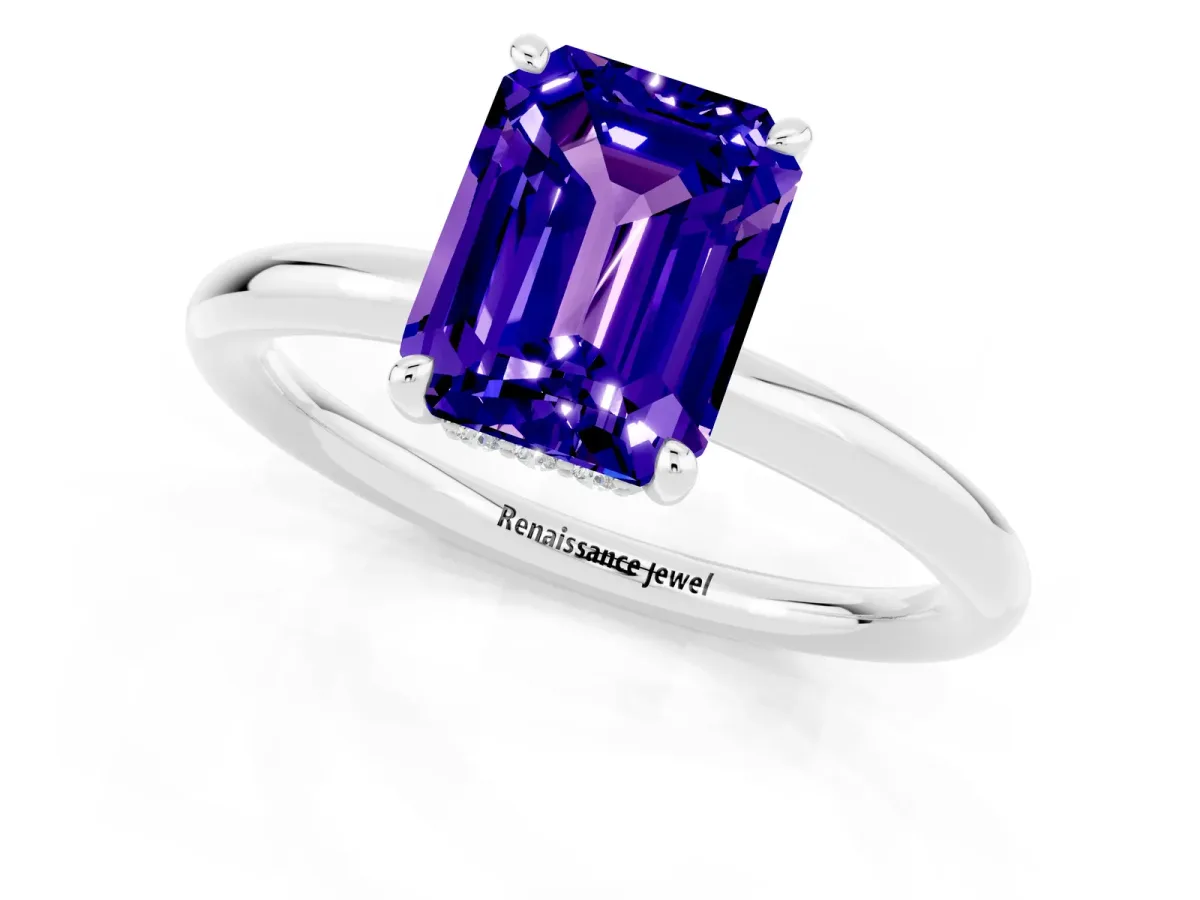 Emerald Cut Tanzanite Solitaire Ring with Thin Band and Four-Prong Setting White gold