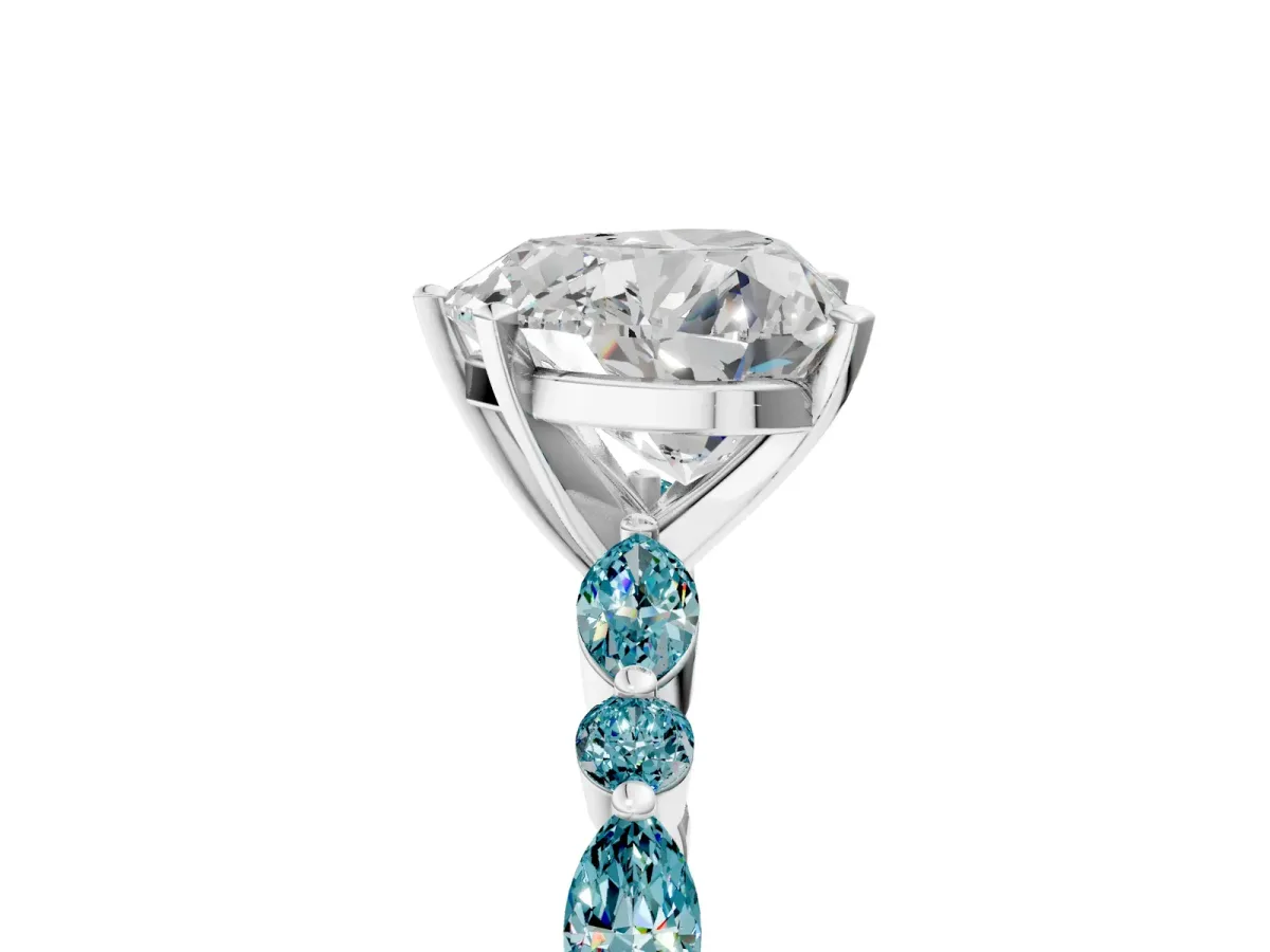 Heart Cut Diamond Ring with Marquise and Round Blue Topaz Side Stones and Four-Prong Setting White gold
