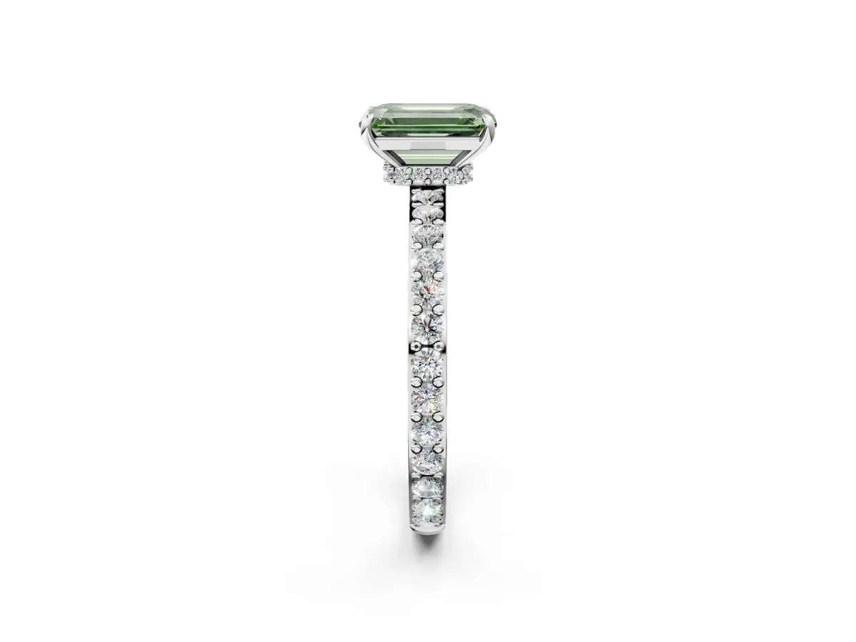 Fancy Green Emerald Cut Diamond Solitaire Engagement Ring with Pavé Band and Four-Prong Setting Silver