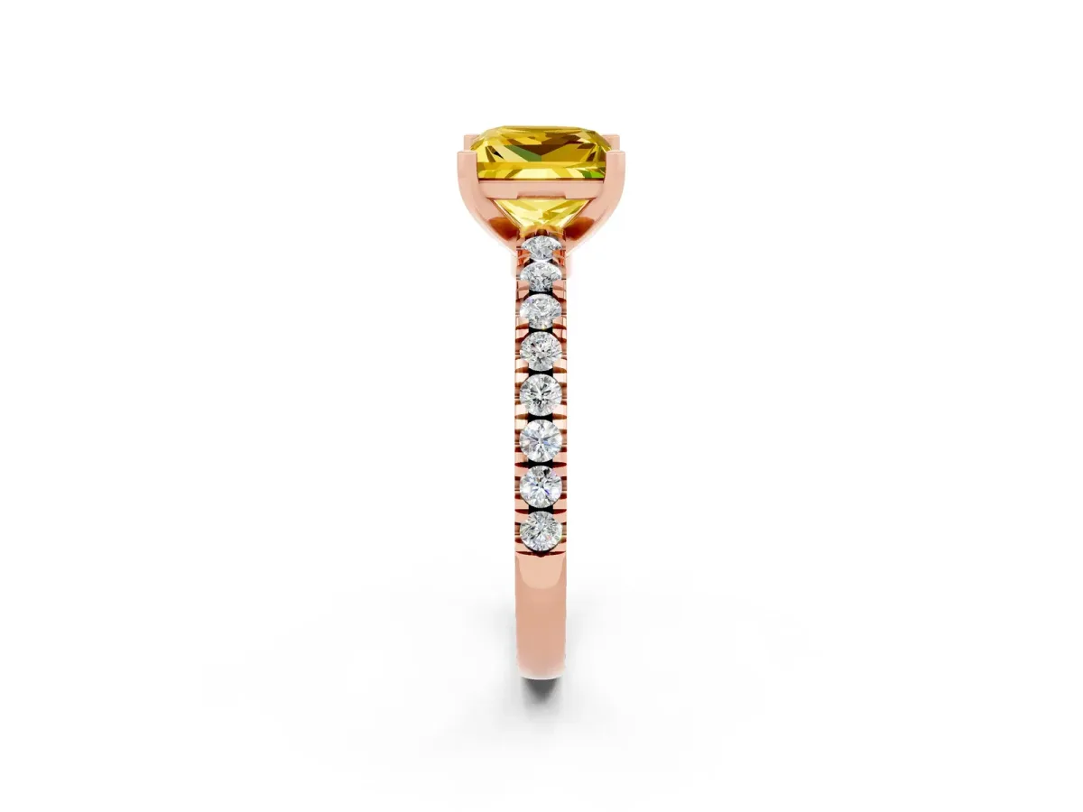 Princess Cut Solitaire Yellow Sapphire with Pavé Band and Four-Prong Setting Rose gold