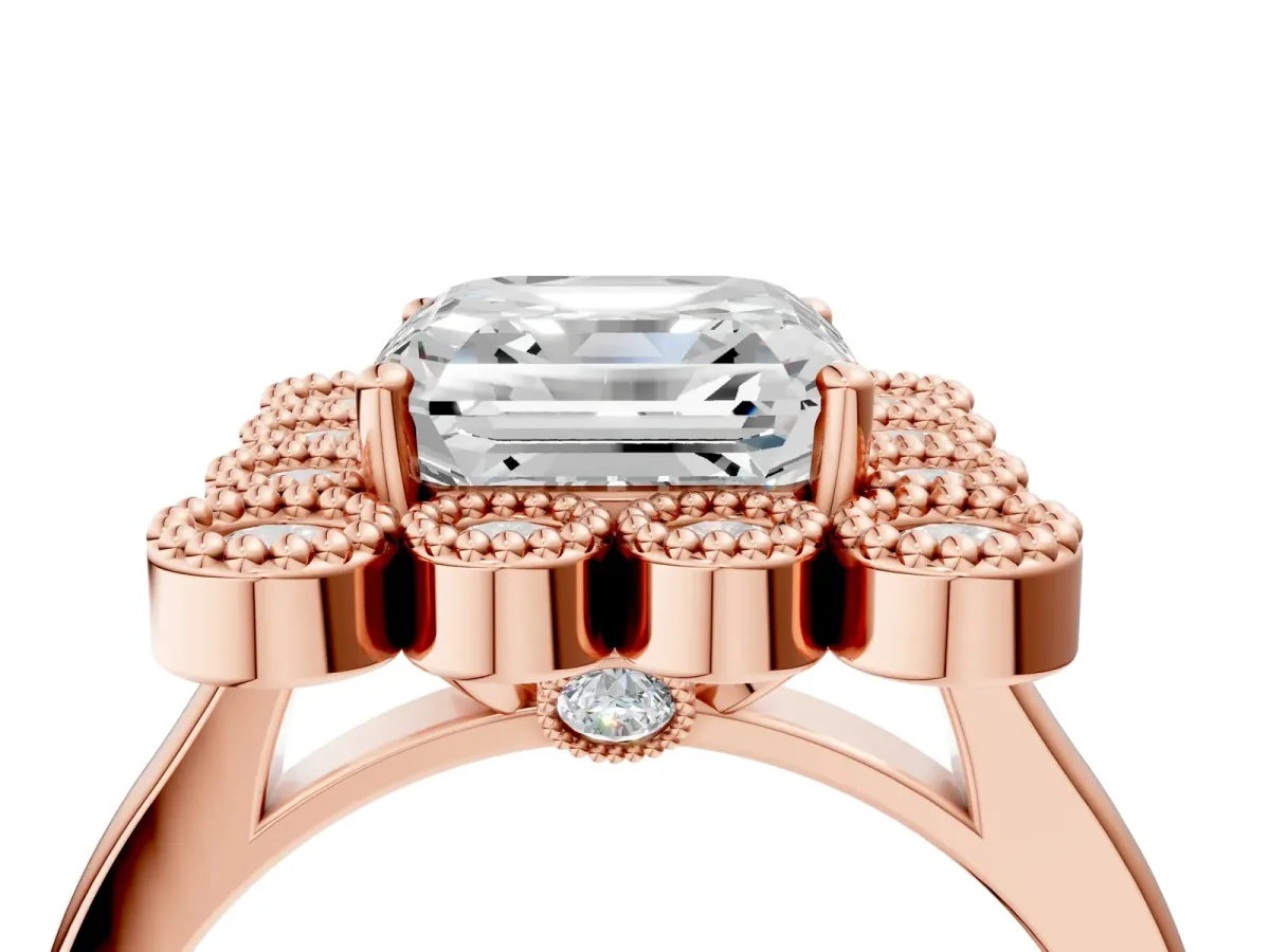 Asscher Cut Halo Diamond Cluster Engagement Ring with Milgrain Bezel Setting and Solitaire Band Rose gold