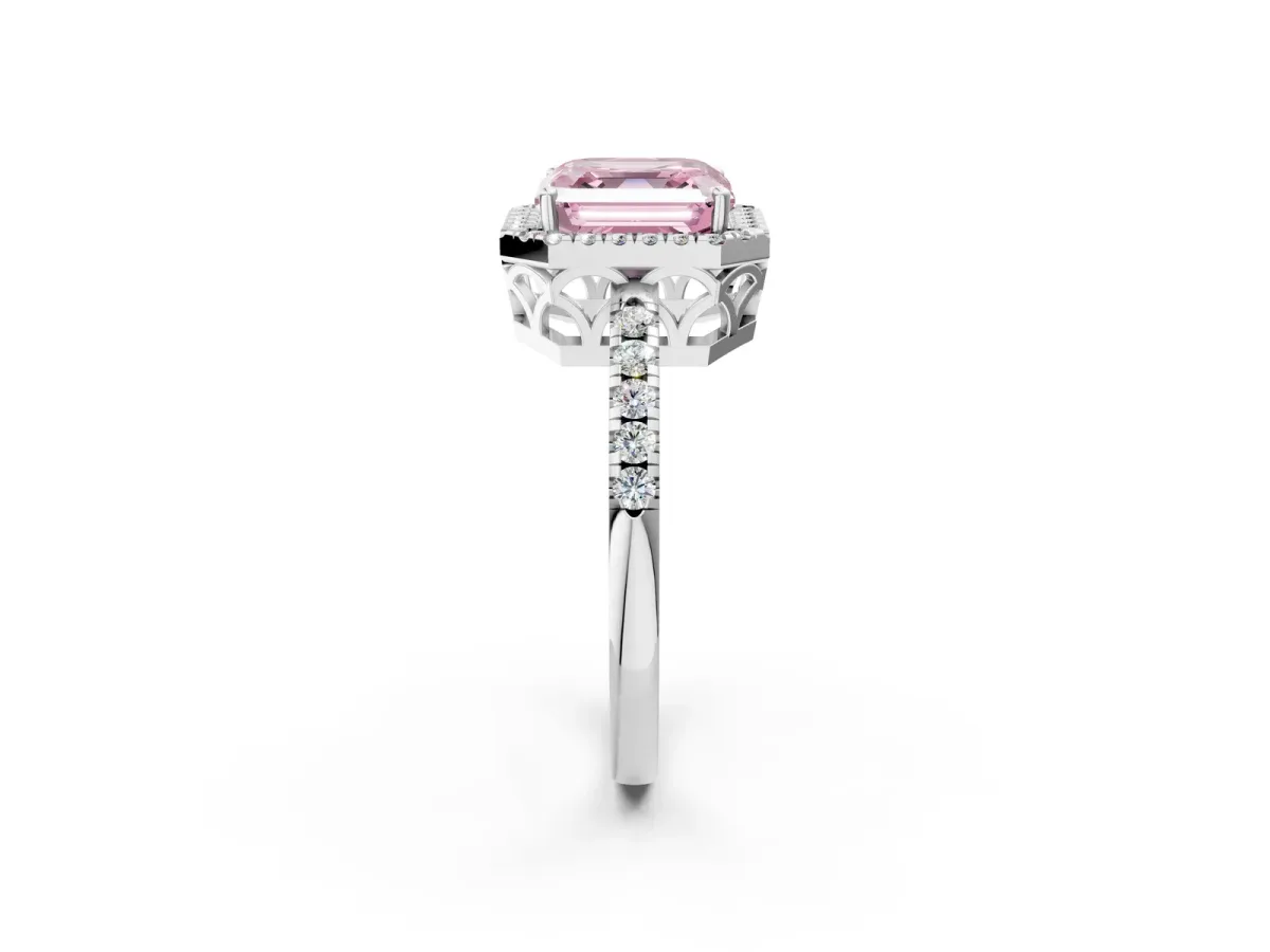 Fancy Pink Asscher Cut Halo Diamond Engagement Ring with Pavé Band and Four-Prong Setting Platinum