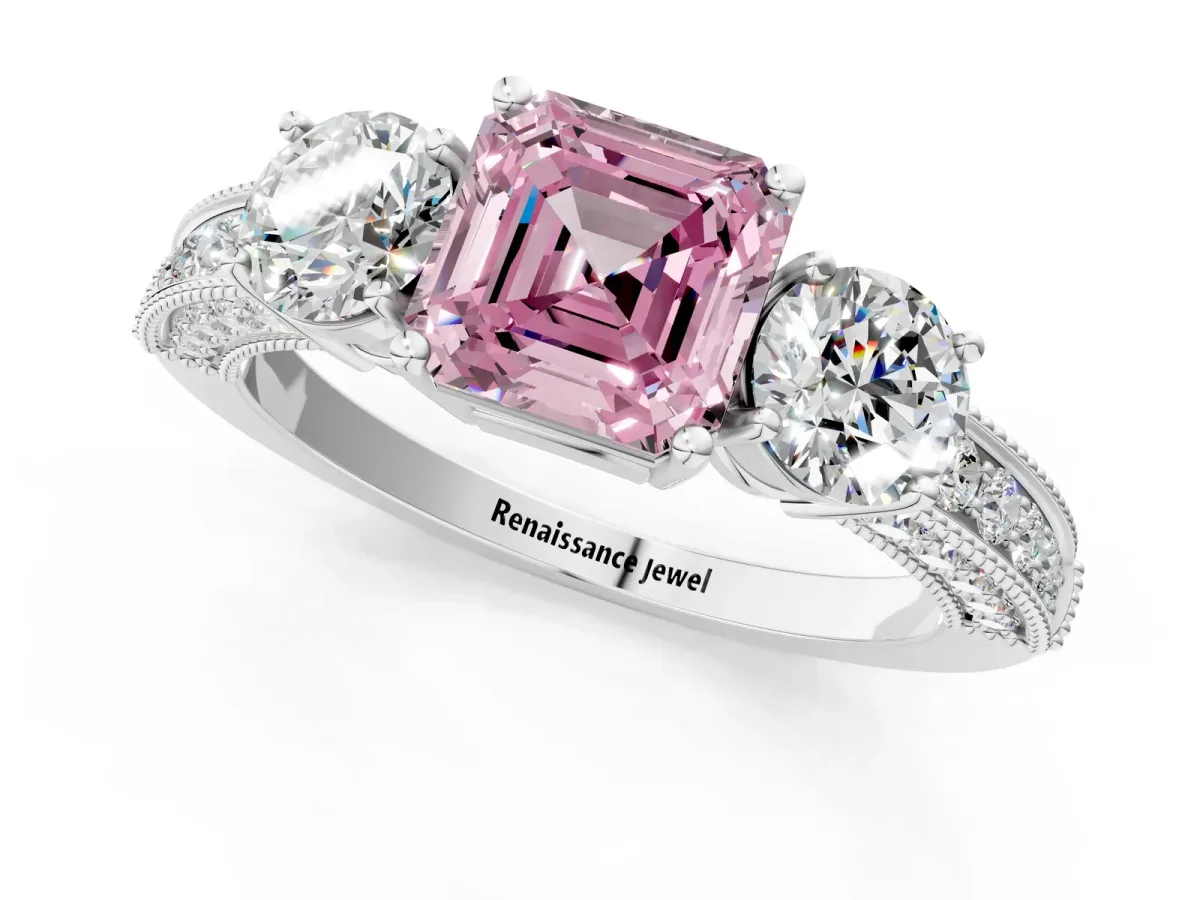 Fancy Pink Asscher Cut Three-Stone Diamond Ring with Pavé Band and Four-Prong Setting Platinum