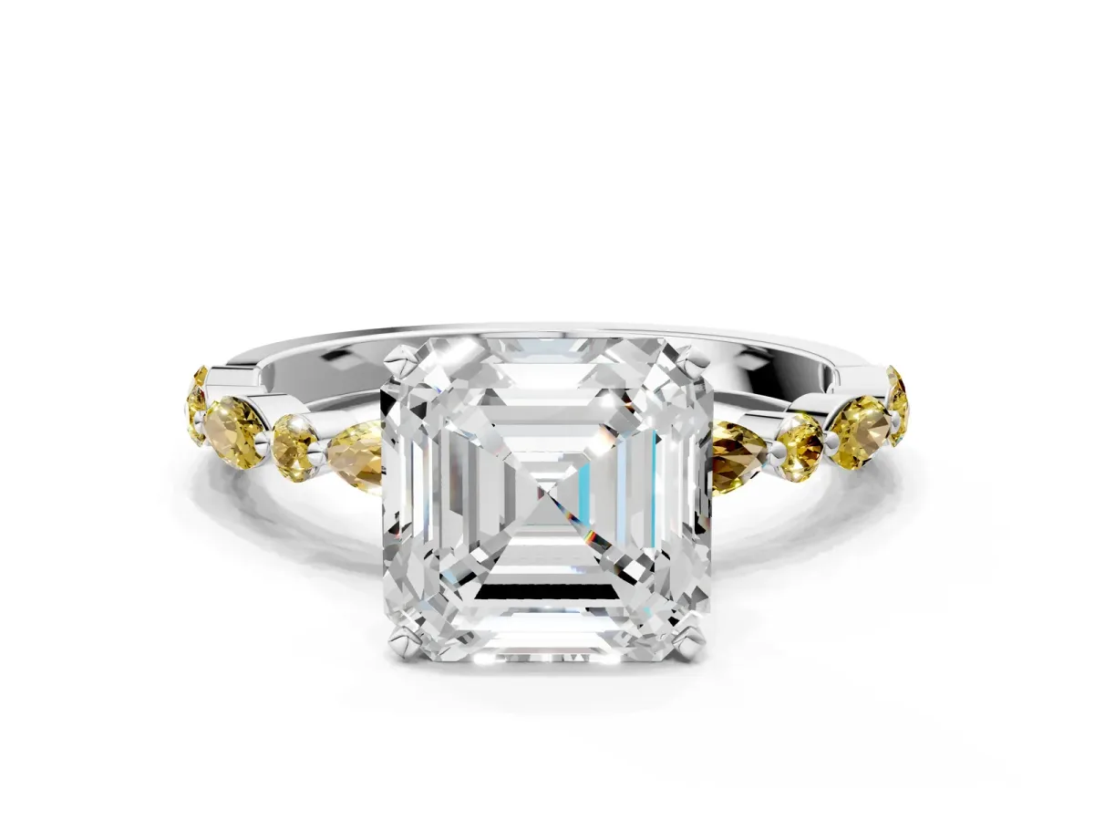 Asscher Cut Diamond Ring with Marquise and Round Yellow Sapphire Side Stones and Four-Prong Setting White gold